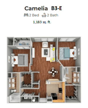 Floor plan for 2 beds, 2 baths, 1183 sqft